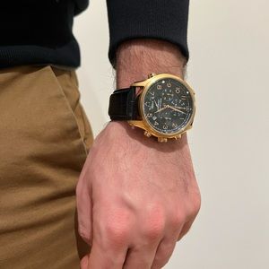 Bulova Men's Precisionist Black Dial Leather Strap Rose Gold Chronograph Watch